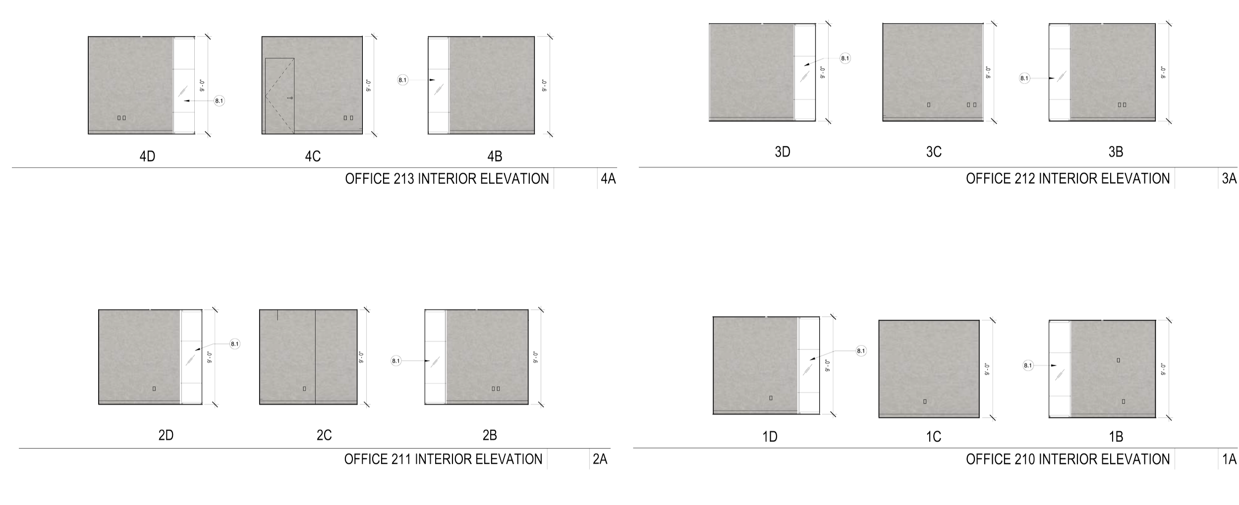 Interior elevation drawings showing layout for Acoufelt Pennant Fracture acoustic wall panels designed for sound control in commercial office spaces.