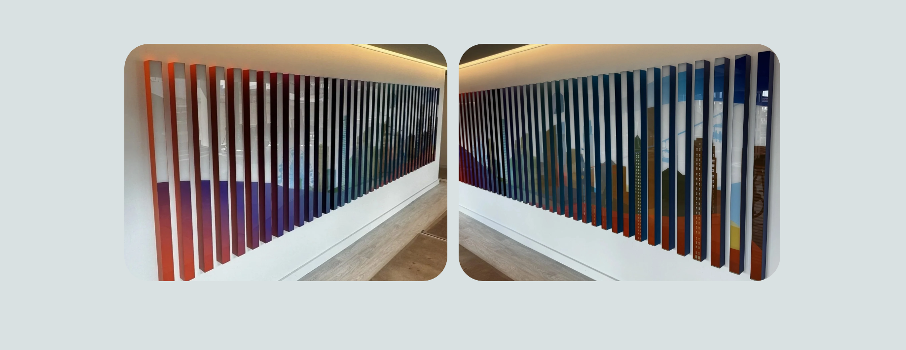 Panoramic view of installed custom acrylic 3D feature wall with gradient color elements in the KPMG reception lobby in Minneapolis, Minnesota.