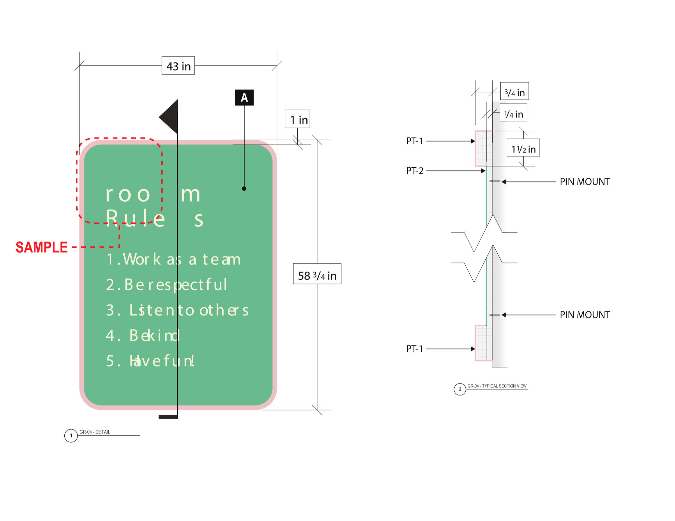 Wall elevation mockup showing Pinterest brand messaging panels and environmental graphics layout for San Francisco workplace designed by JP Digital.