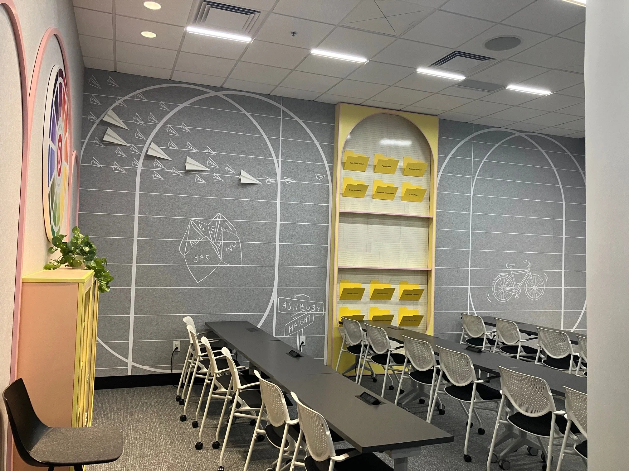 Pinterest San Francisco conference room with installed arched environmental wall graphics, writable collaboration surfaces, and custom storage designed and installed by JP Digital.