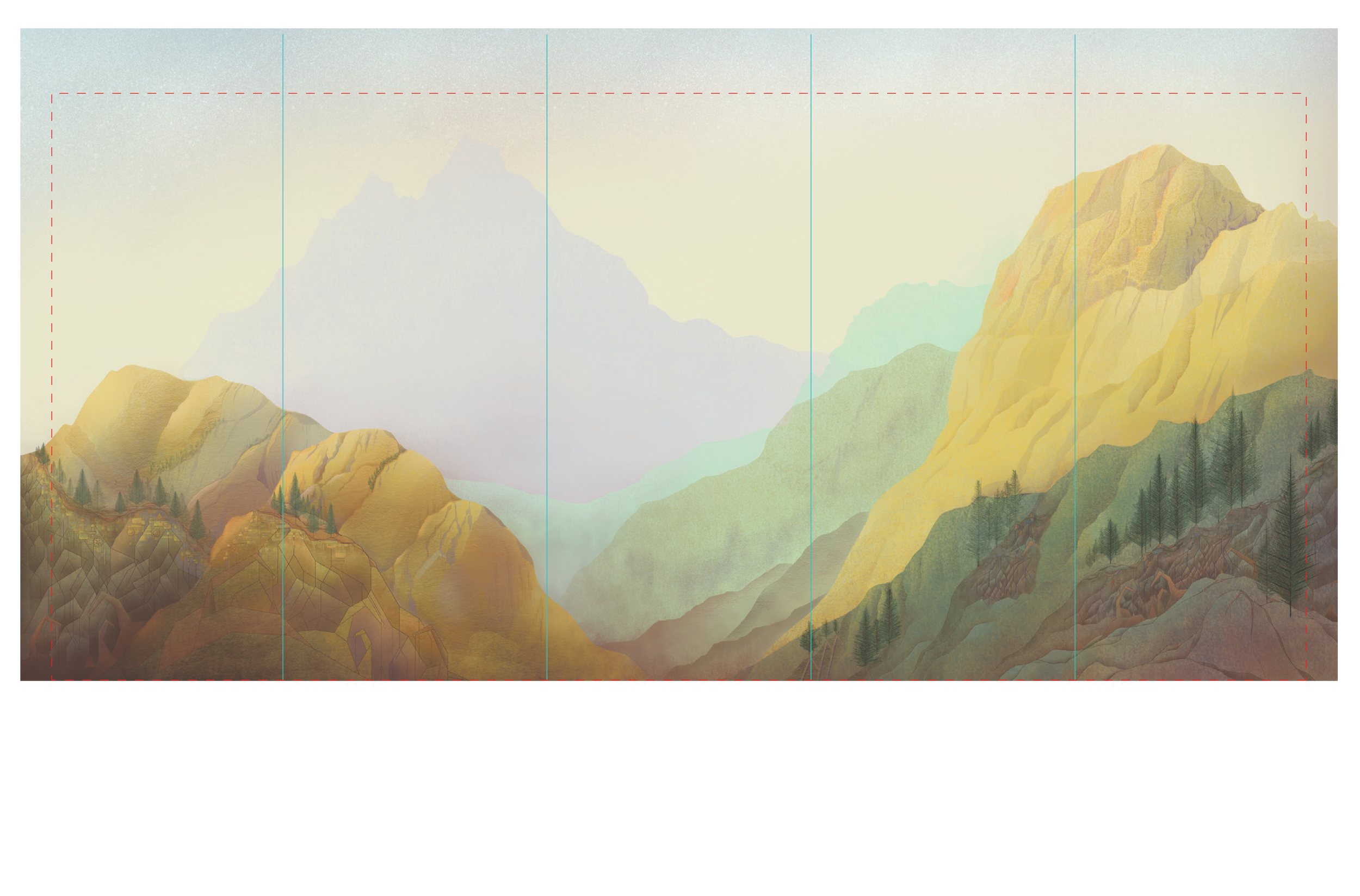 Abstract landscape-style wallcovering design proof for custom commercial environmental graphics and interior branding