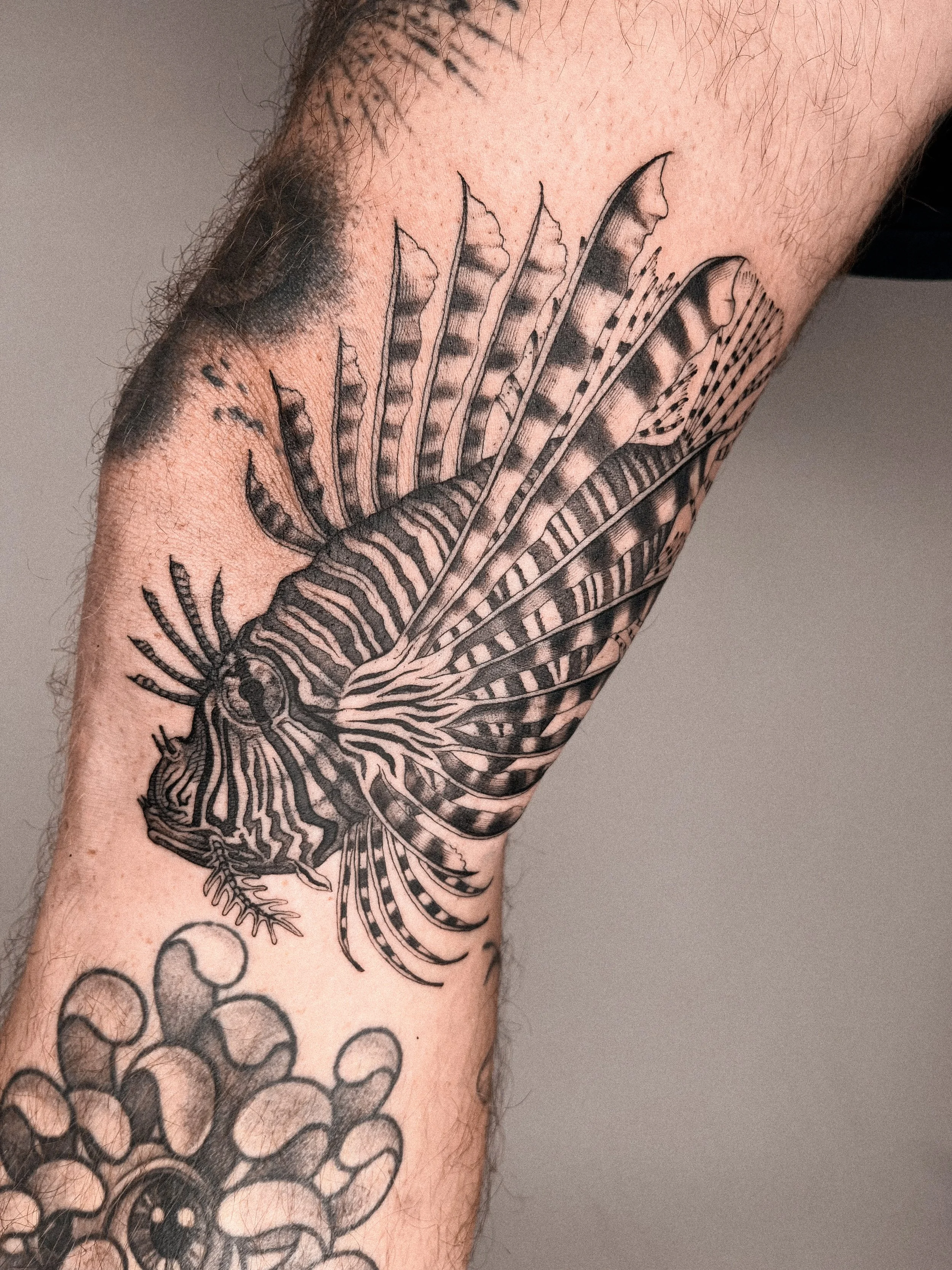 Tattoo eines bunten Libellenmotivs auf einem menschlichen Unterarm.