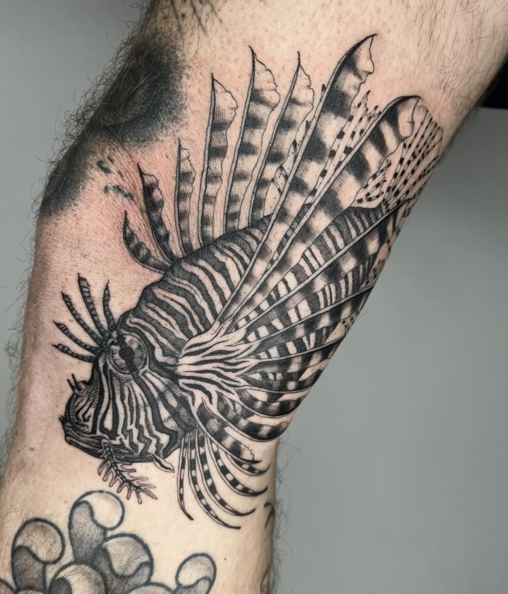 Tattoo einer abstrakten, detaillierten Zeichnung eines Fisches mit langen Flossen auf dem Unterarm.