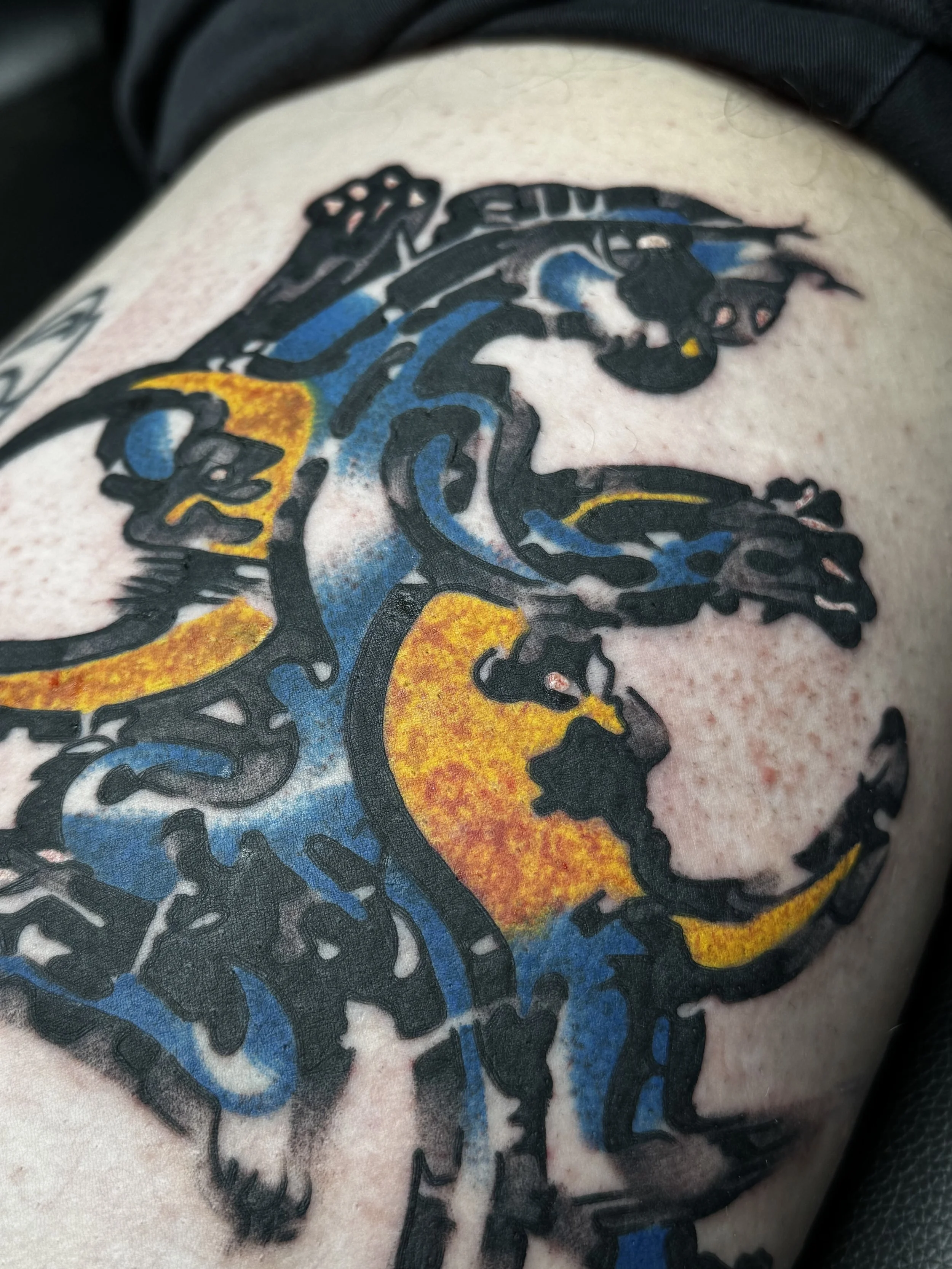 Tattoo eines stilisierten Wasserfalls und Sonnenuntergangs auf Haut.