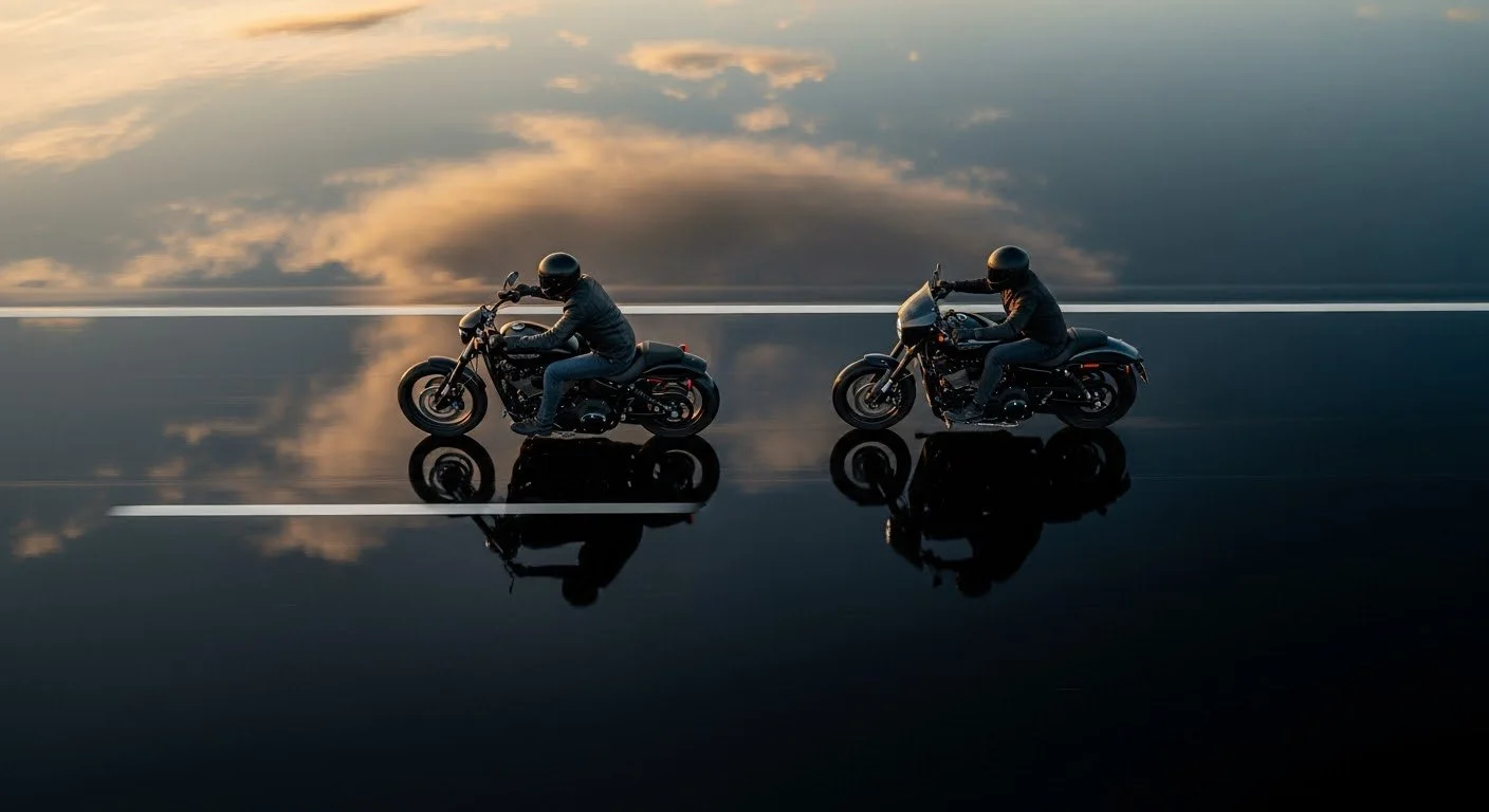 Two motorcyclists riding black motorcycles on a reflective wet road during sunset with clouds in the sky.