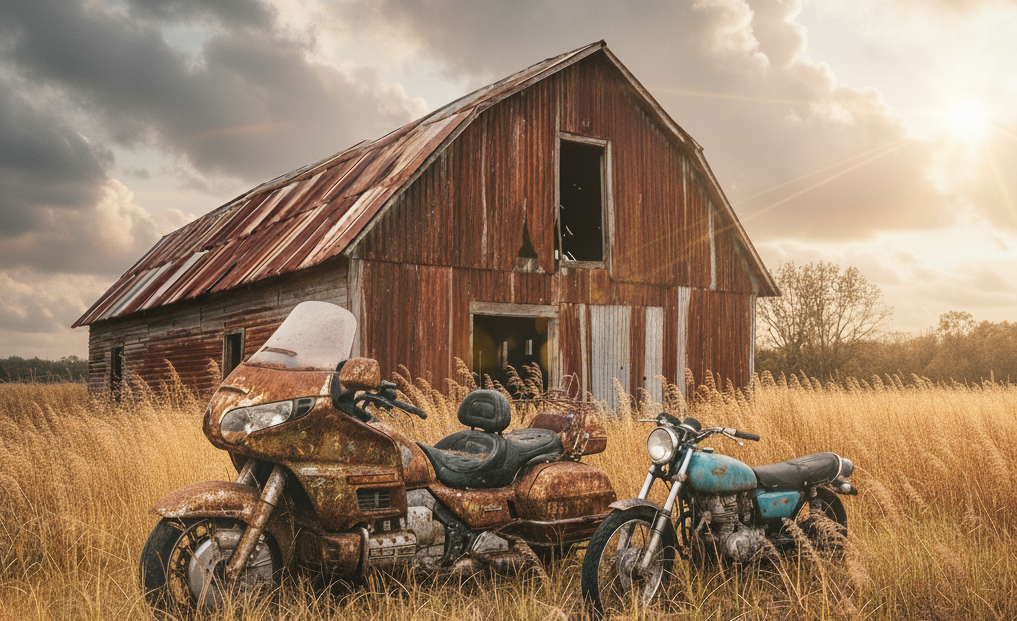 An old, rusty barn with a weathered metal roof stands in a field of tall, golden grass. Two vintage motorcycles, also rusted and aged, are parked in front of the barn. The sky is partly cloudy with the sun shining through, creating a warm, nostalgic atmosphere.