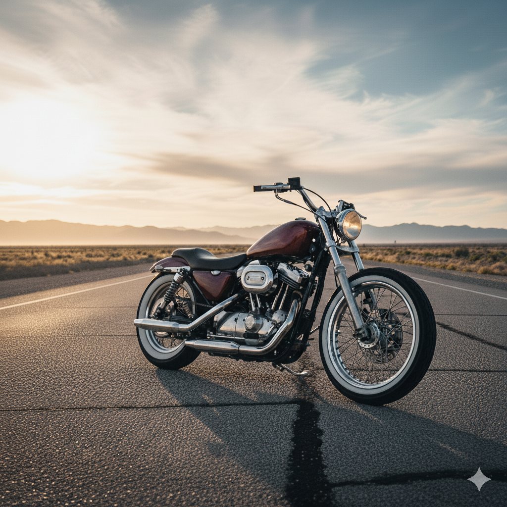 A motorcycle parked on an empty desert road at sunset with mountains in the background.