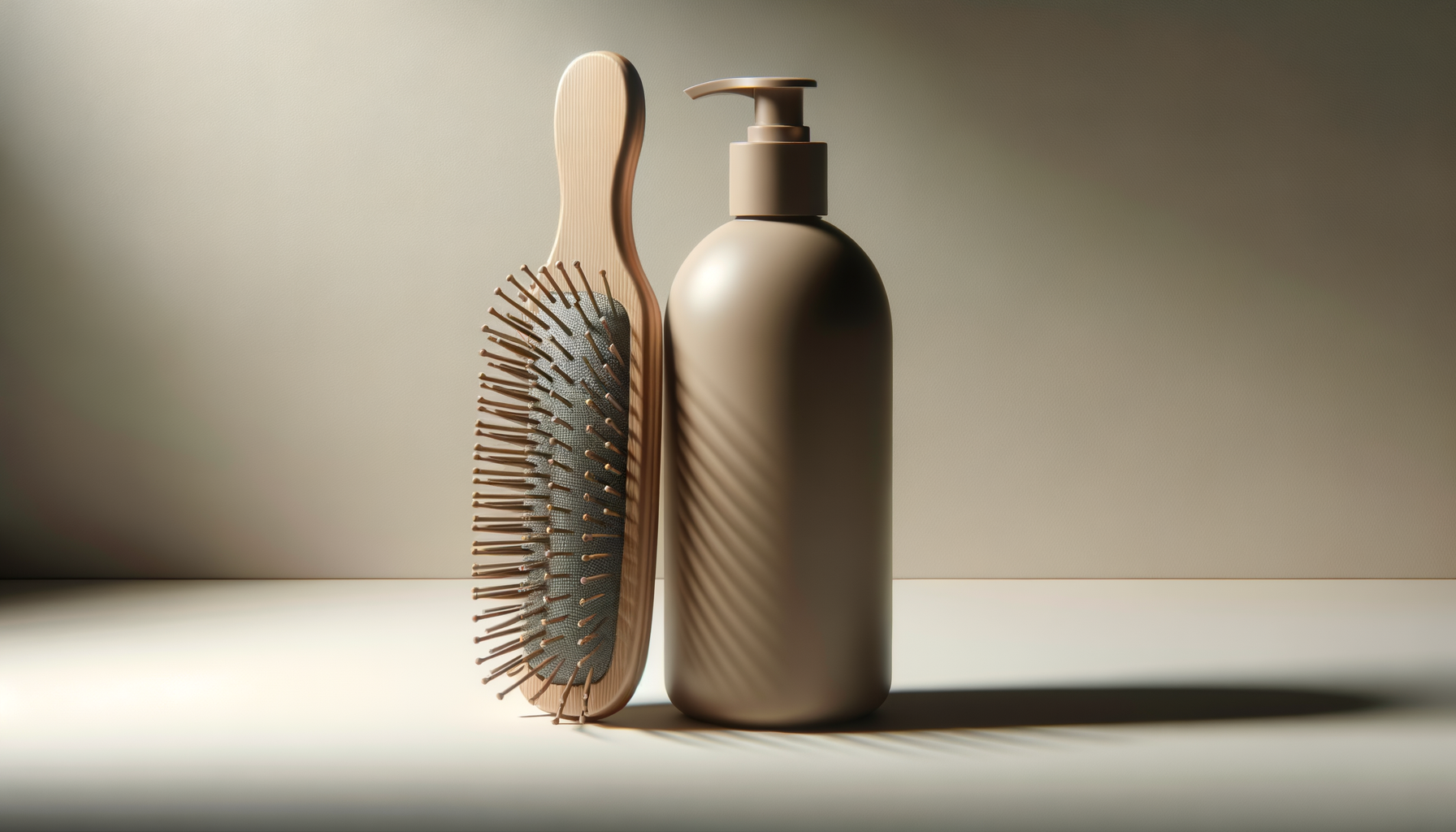 A beige hairbrush with a wooden handle and a beige bottle with a pump dispenser, set against a neutral background with soft lighting and shadows.