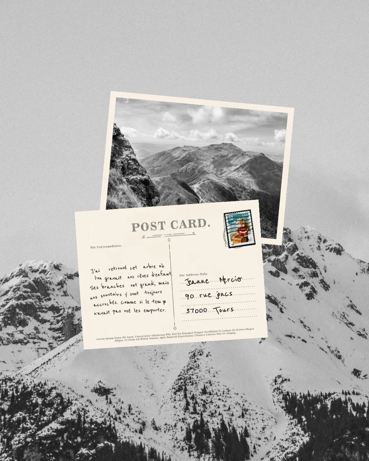 A black-and-white photograph of snow-covered mountain peaks with a postcard and a photo of mountainous terrain floating in front.