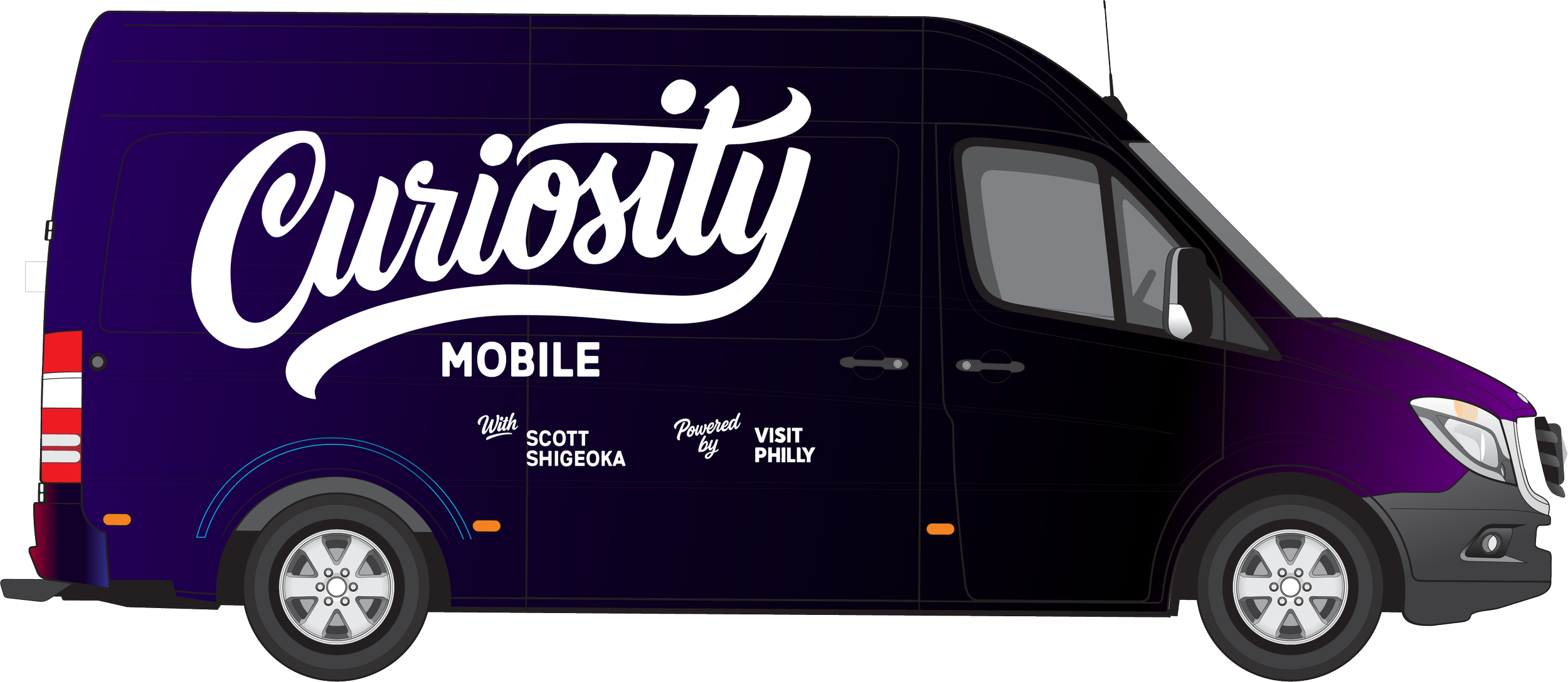 A black marketing van with purple highlights, featuring bold white text that says "Curiosity Mobile," with smaller text crediting Scott Shigeoka and Visit Philly.