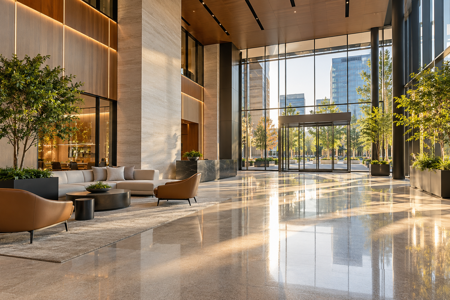 Representative conceptual image of a clean modern commercial lobby; not an Unchanging Hands completed project.