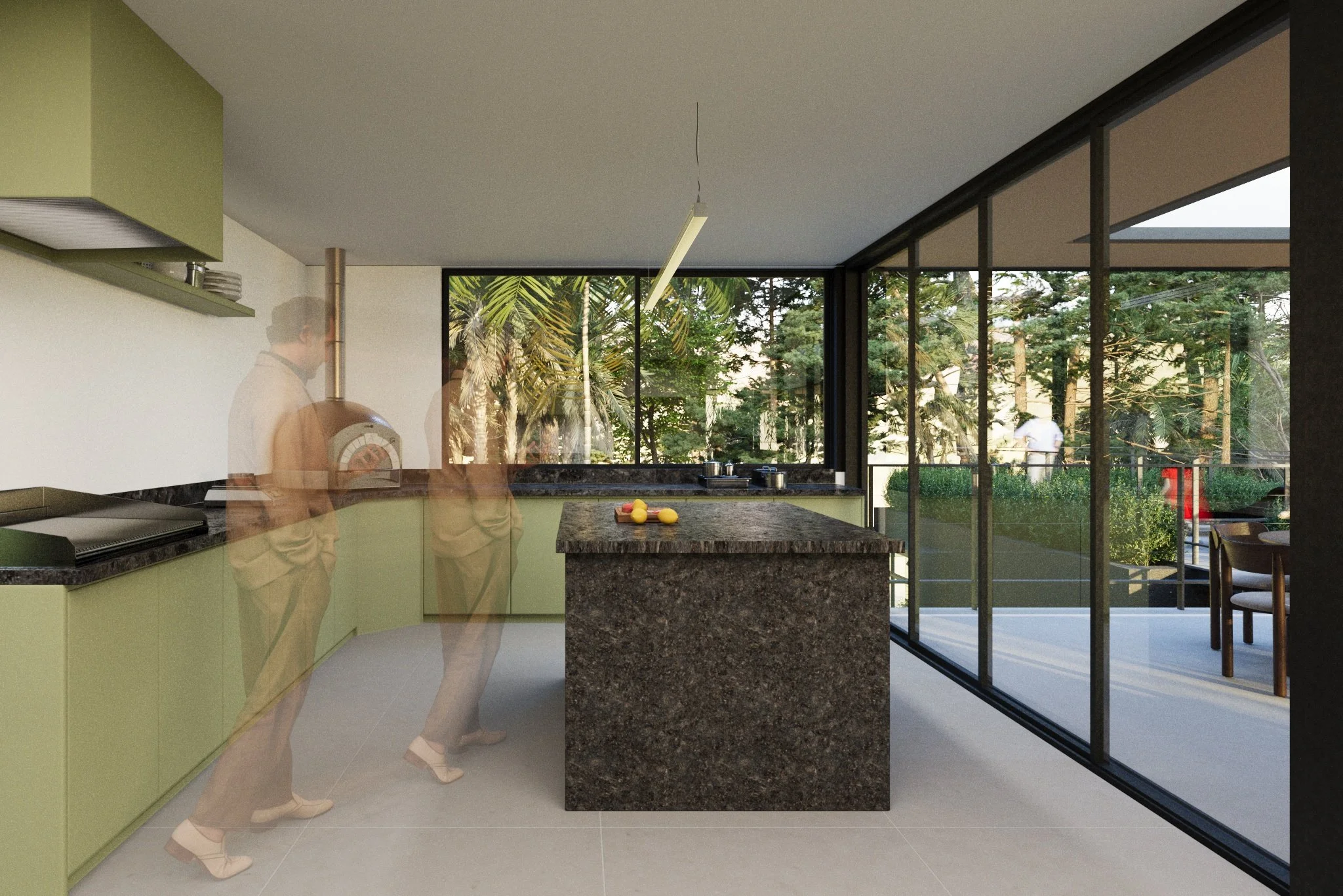 Modern kitchen with green cabinets, a large granite island, and floor-to-ceiling windows overlooking a lush outdoor space.