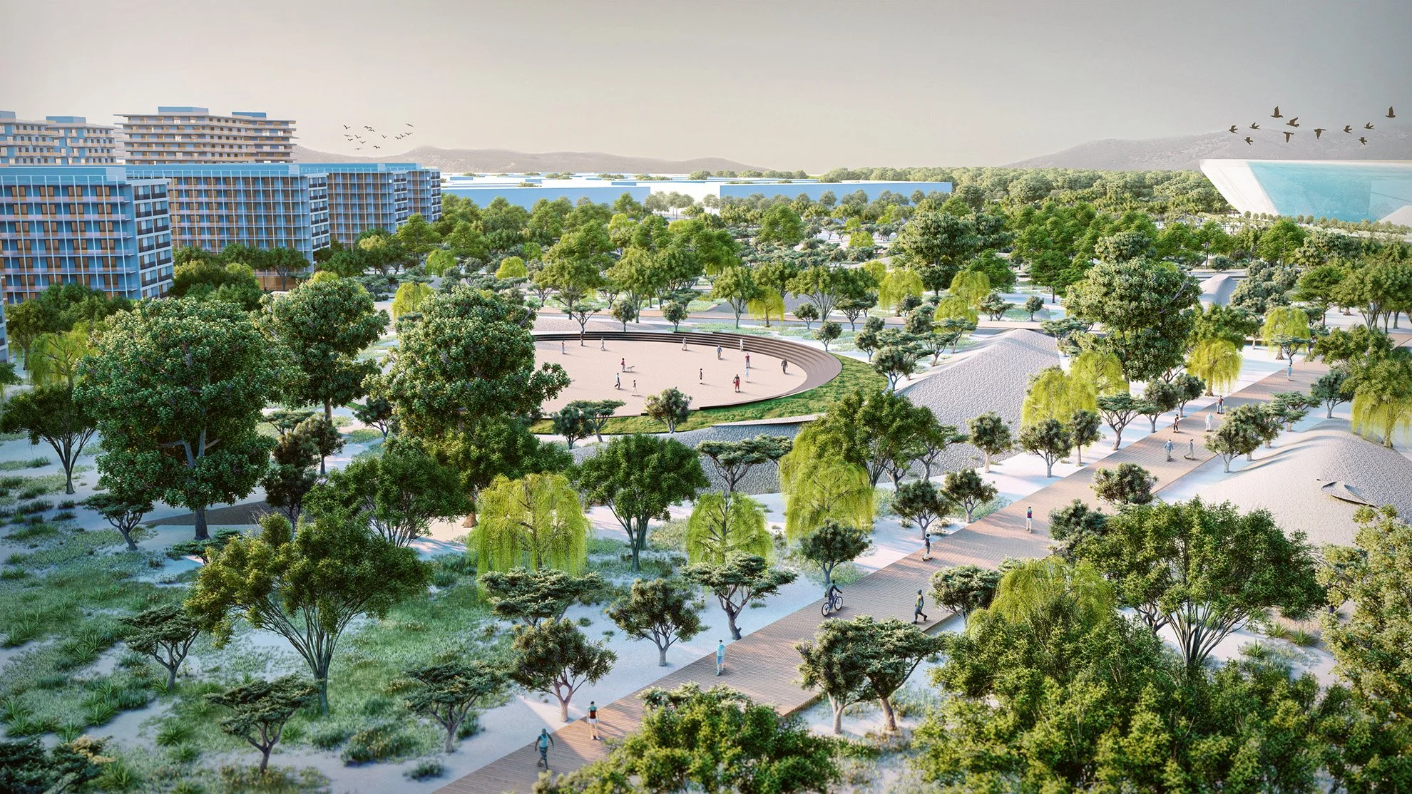 A digital rendering of an urban park with walking paths, green trees, and a sports field, surrounded by modern buildings and distant mountains.