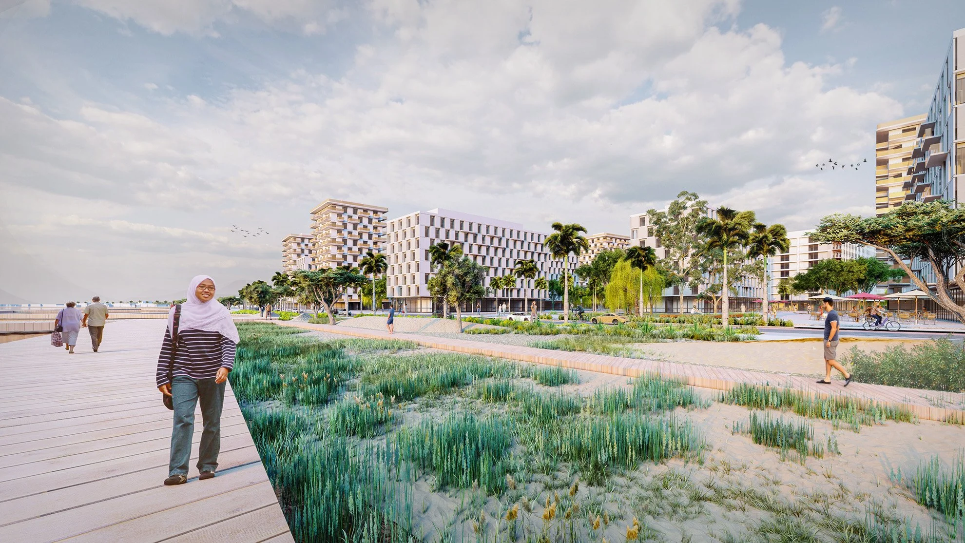 A digital rendering of a modern residential area with high-rise buildings, palm trees, and a walkway along a coastal area. People are walking and biking, and there are landscaped green areas with grass and plants.