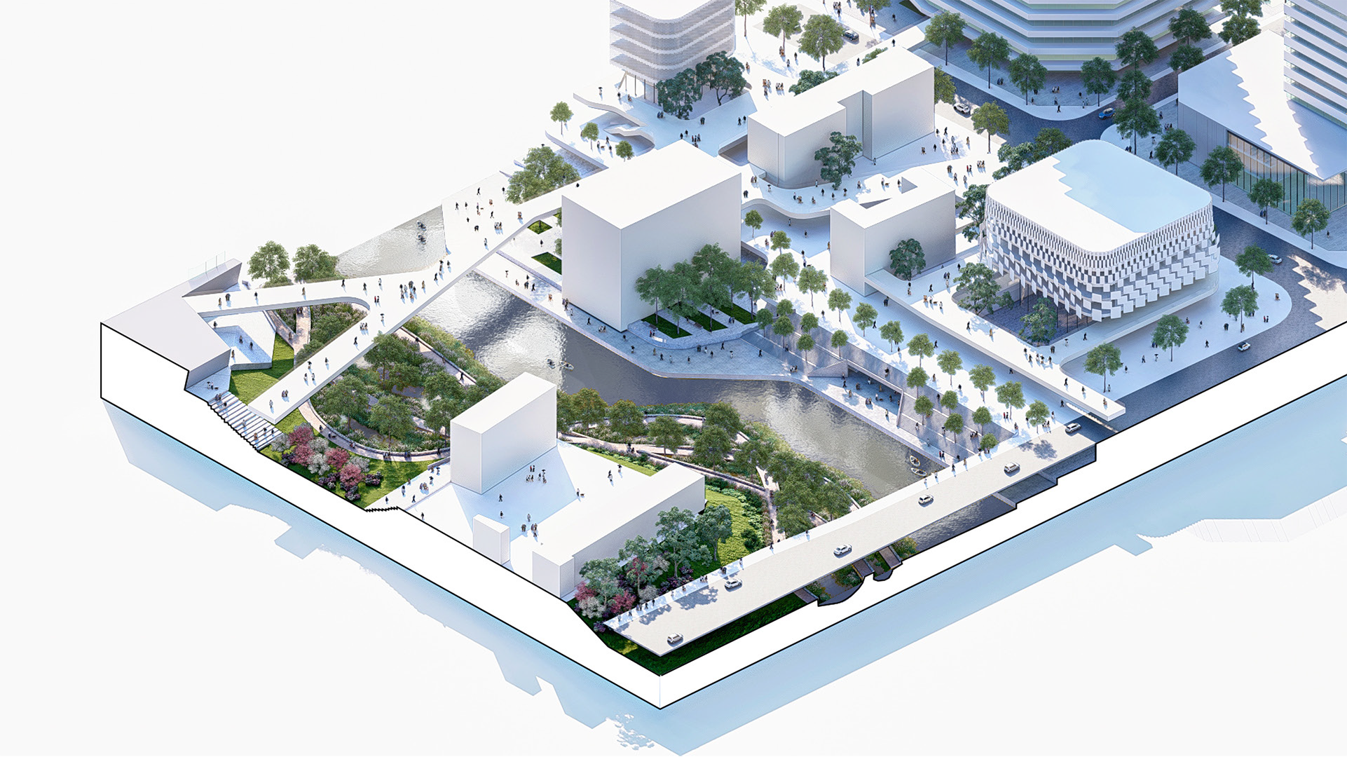 A digital rendering of an urban park with walking paths, green trees, and a sports field, surrounded by modern buildings and distant mountains.