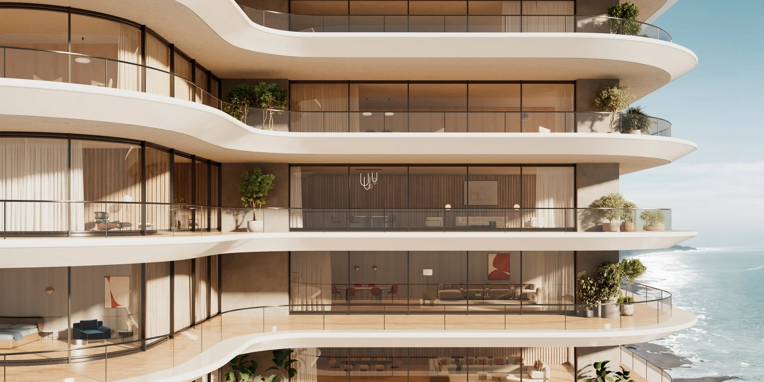 Section of a modern high-rise residential building with curved balconies and glass railings overlooking the ocean, decorated with potted plants.