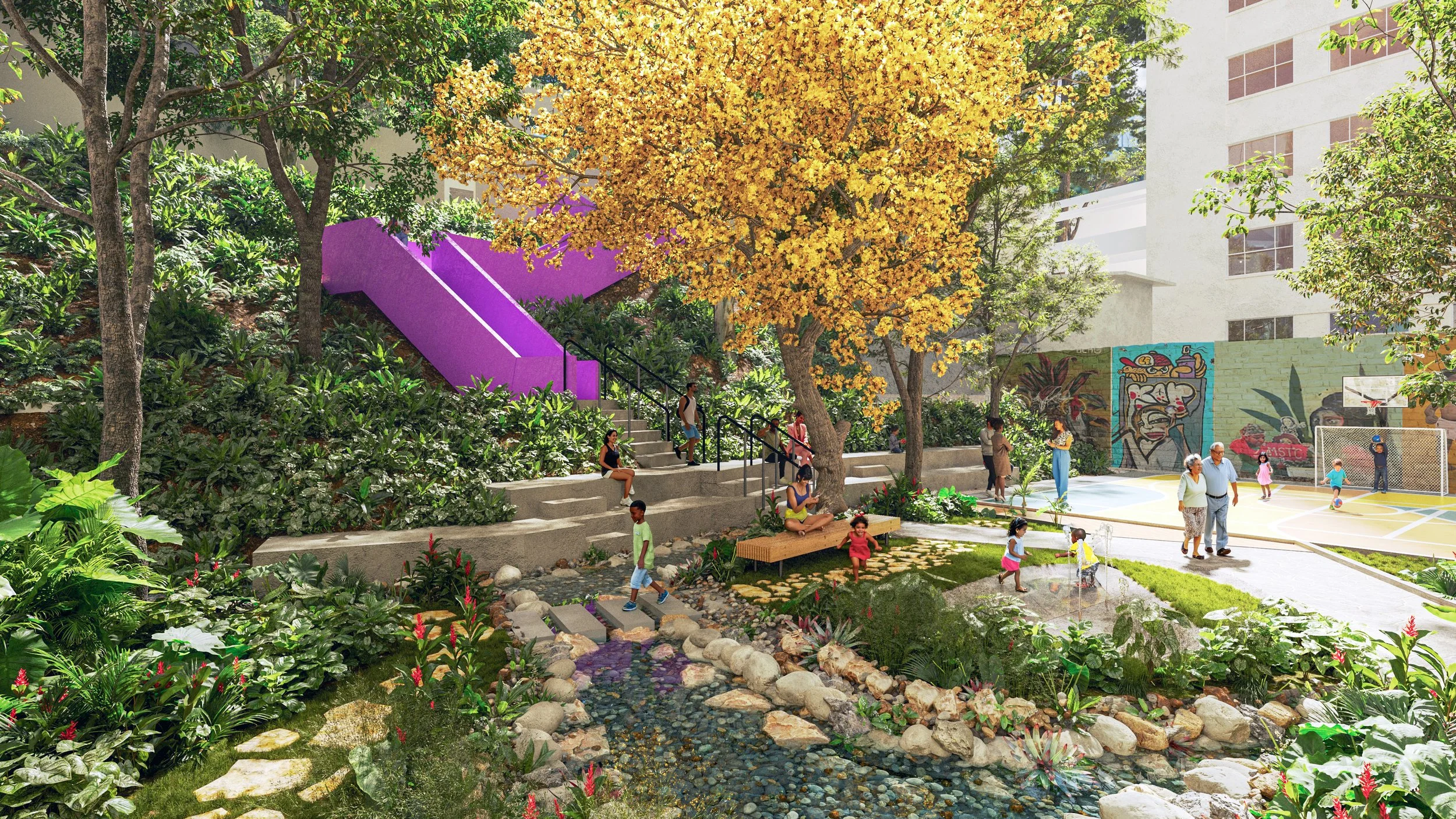 Urban park featuring children playing, adults walking, with trees, a small creek, benches, murals on a wall, and a city building in the background.