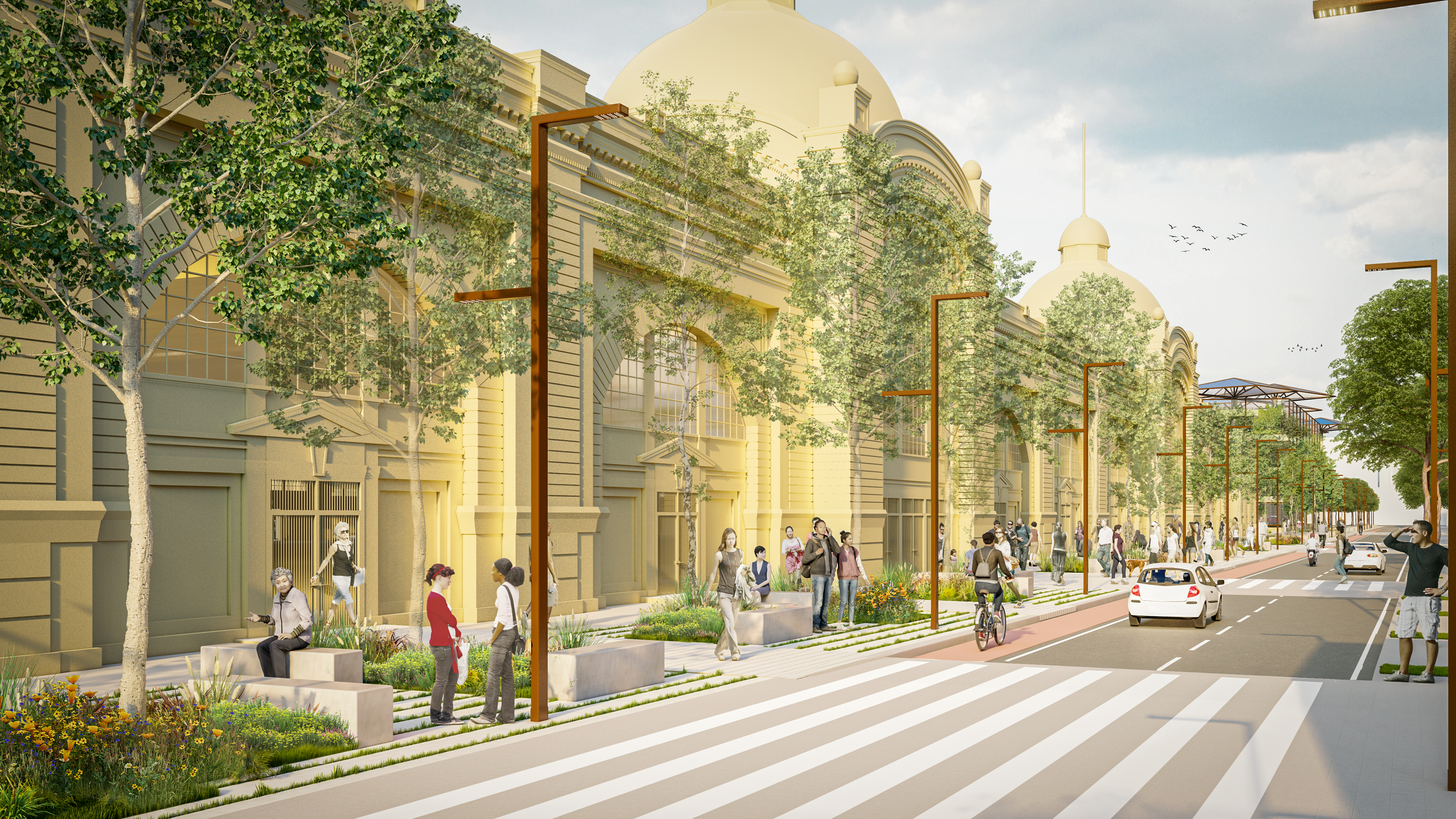 A digital rendering of a city street with a pedestrian crosswalk, modern lamp posts, and people walking, cycling, and standing along a landscaped sidewalk with trees and flowers. Classic-style buildings with large windows and domed rooftops line the street, under a partly cloudy sky.
