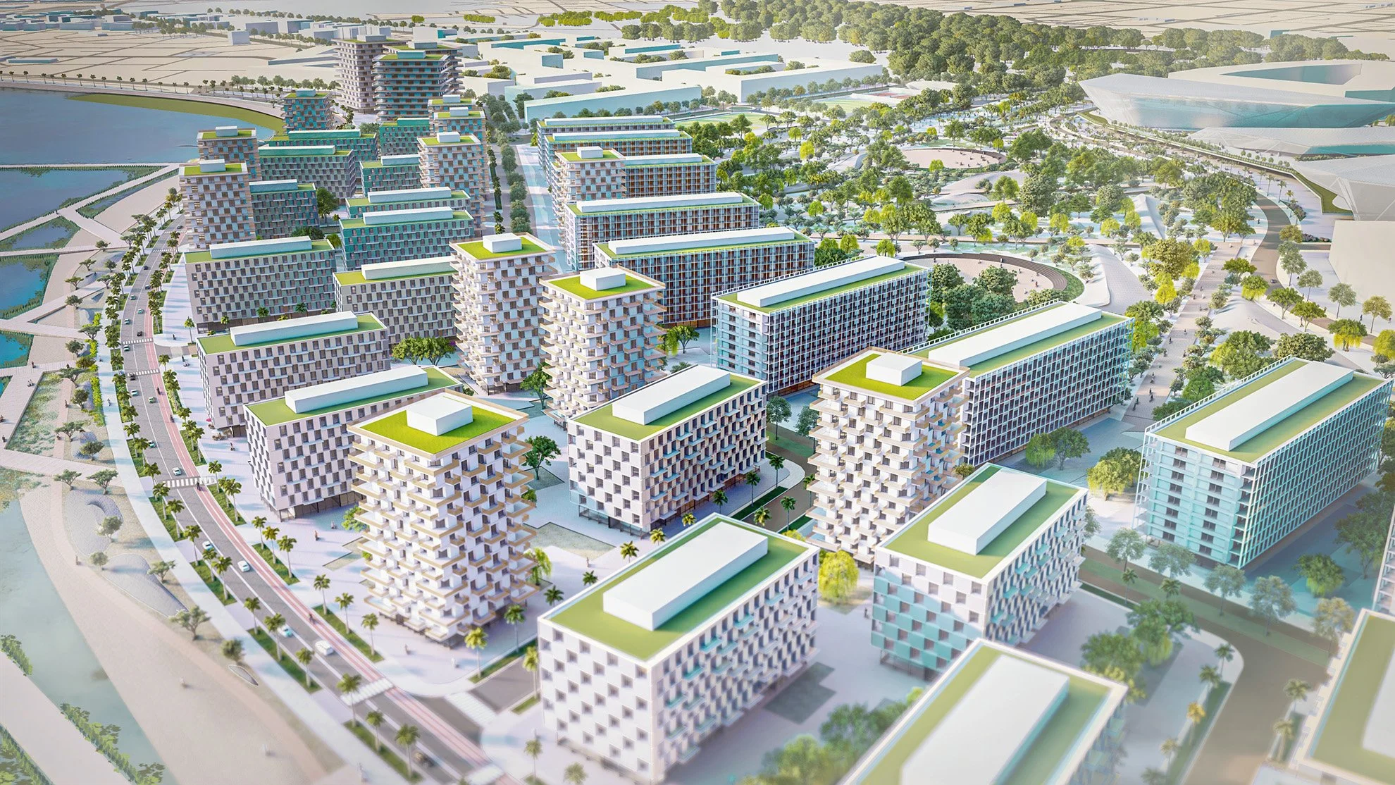 A 3D-rendered digital image of a modern urban development featuring multiple mid-rise and high-rise buildings with green roofs, surrounded by trees, roads, and a body of water.
