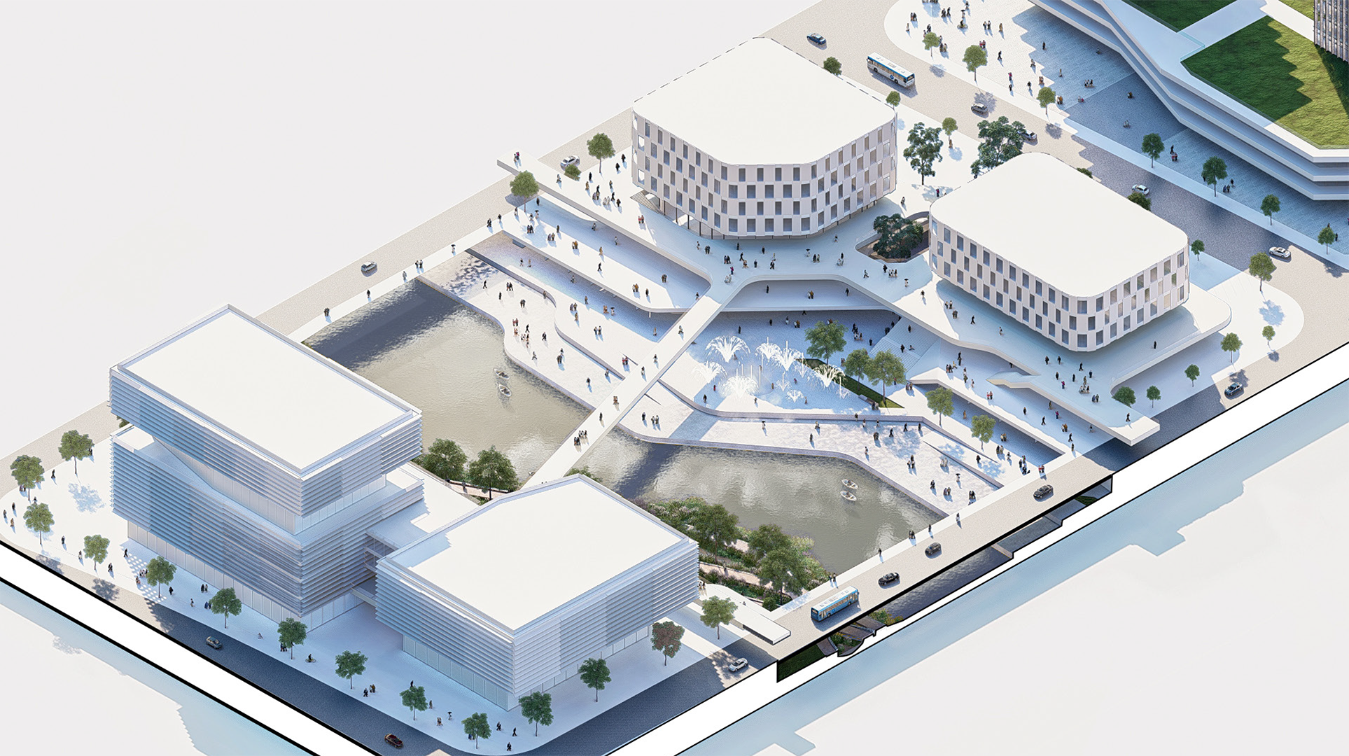 Public park with walking paths, palm trees, colorful flower beds, and a modern architectural building in the background, with people walking, cycling, and gathering.