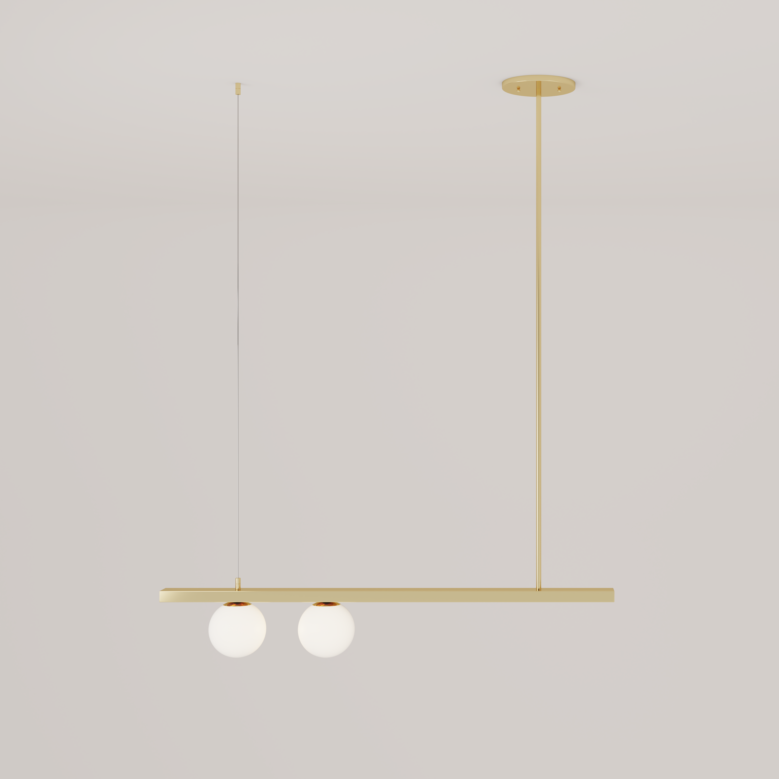 Modern minimalist pendant light fixture with two spherical bulbs hanging from a horizontal bar, mounted on a white ceiling.