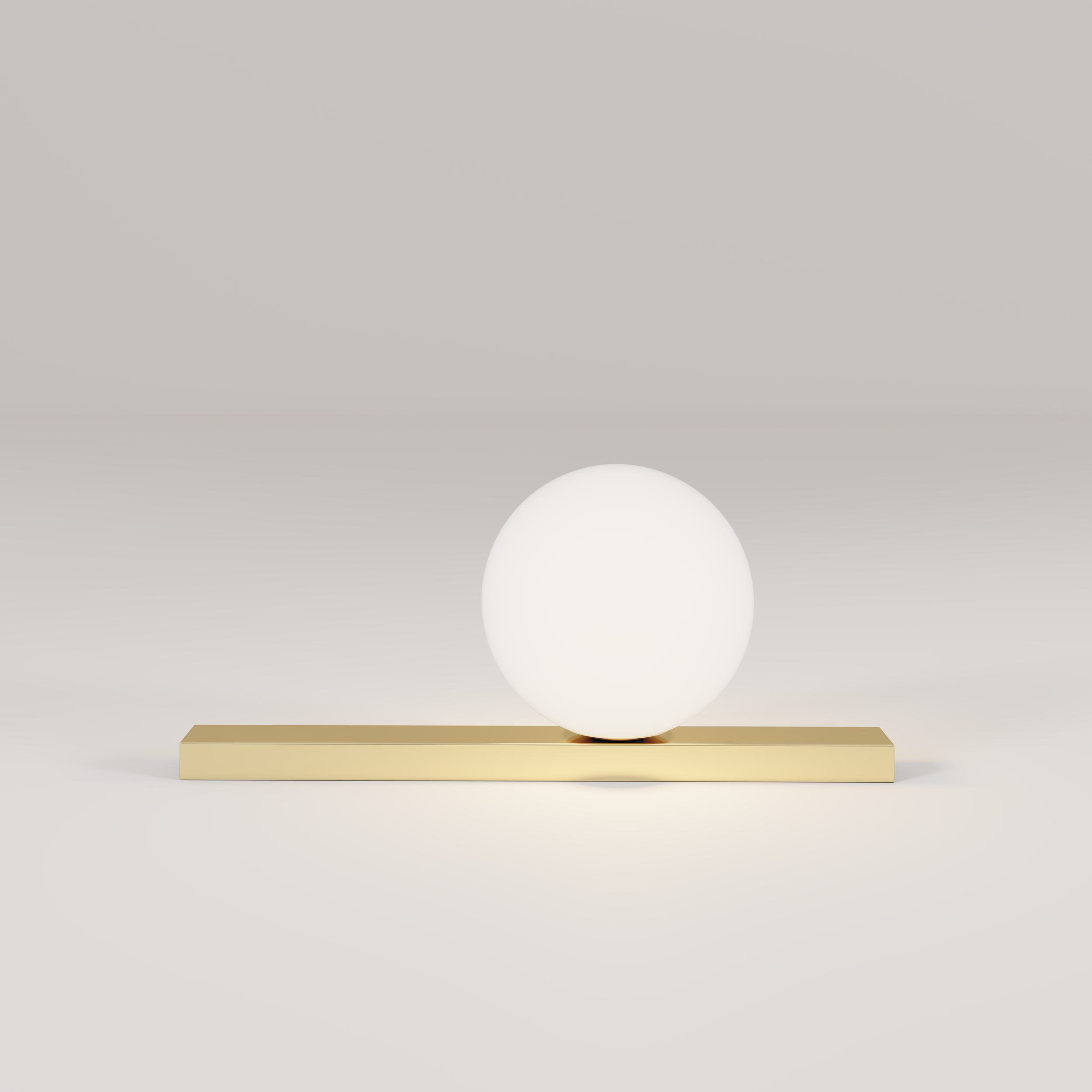 A white sphere balanced on a small, round base on a long, rectangular, beige platform against a neutral background.
