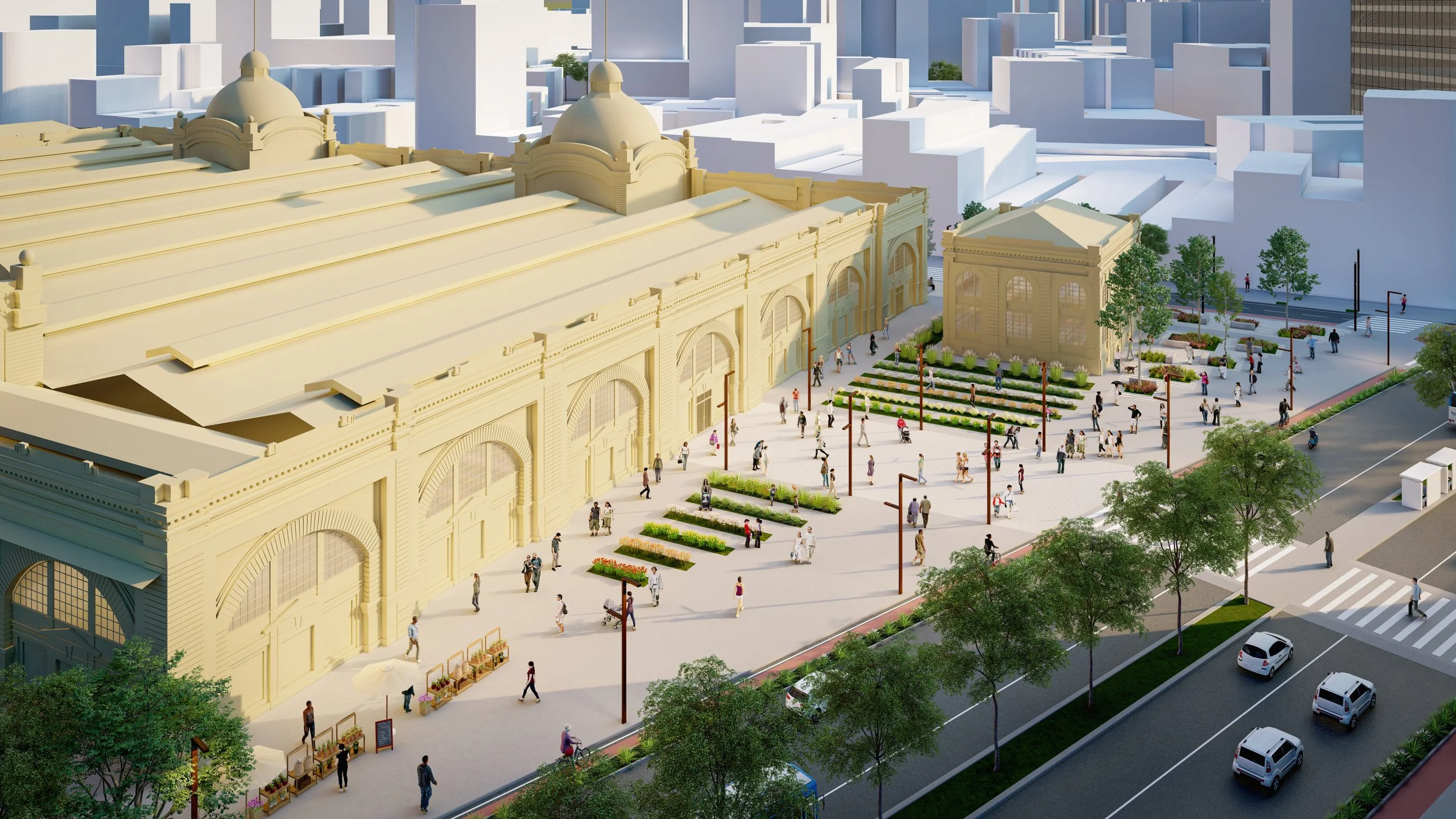 A conceptual architectural rendering of a historic train station with a large beige building, a smaller beige structure, and an outdoor plaza with people, trees, benches, and streetlights, set amidst a cityscape.