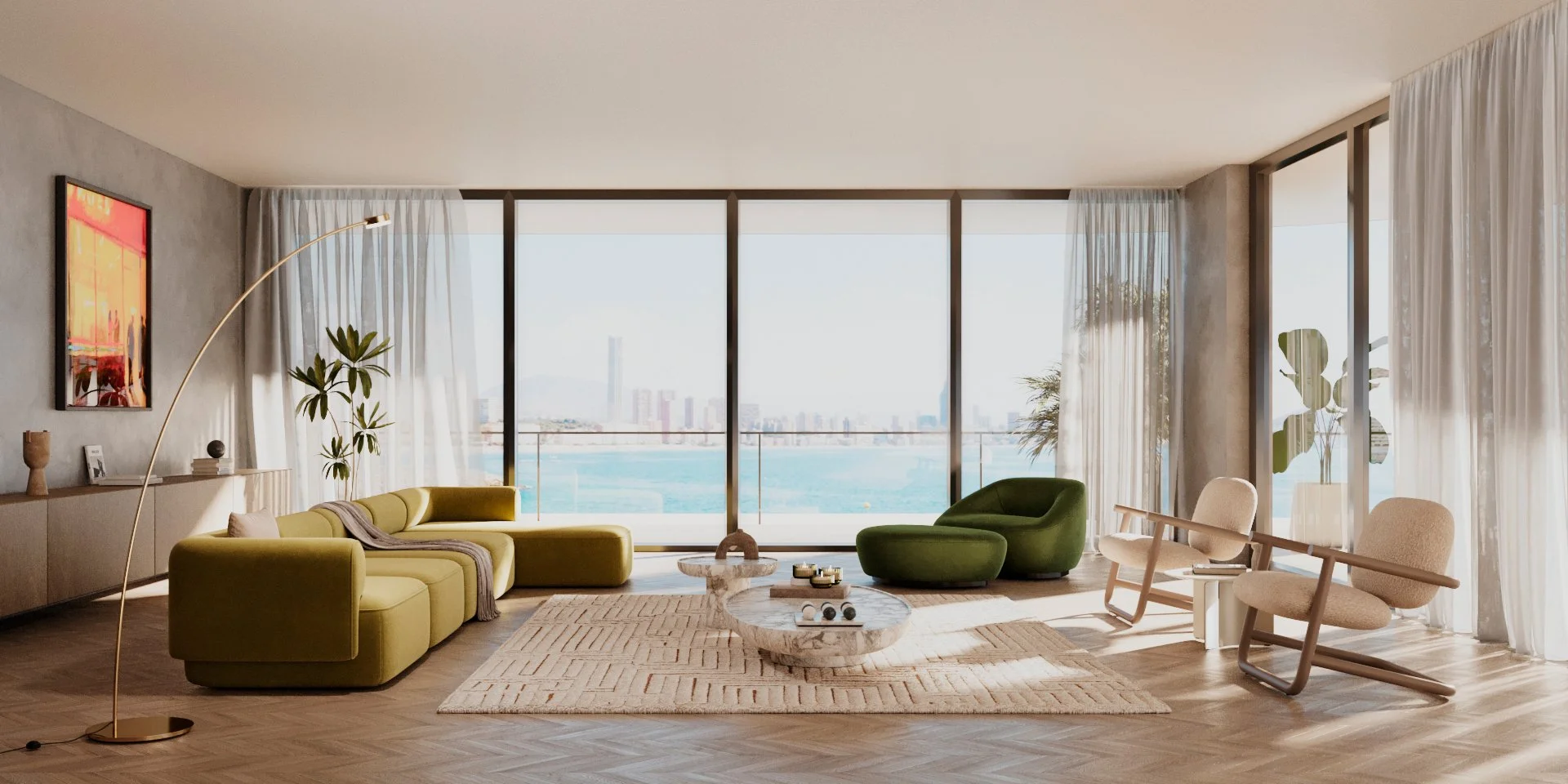 Modern living room with large glass windows overlooking city skyline and water, featuring a green sofa, an olive green lounge chair, two beige armchairs, a marble coffee table, a beige area rug, a floor lamp, and decorative items, with sheer curtains