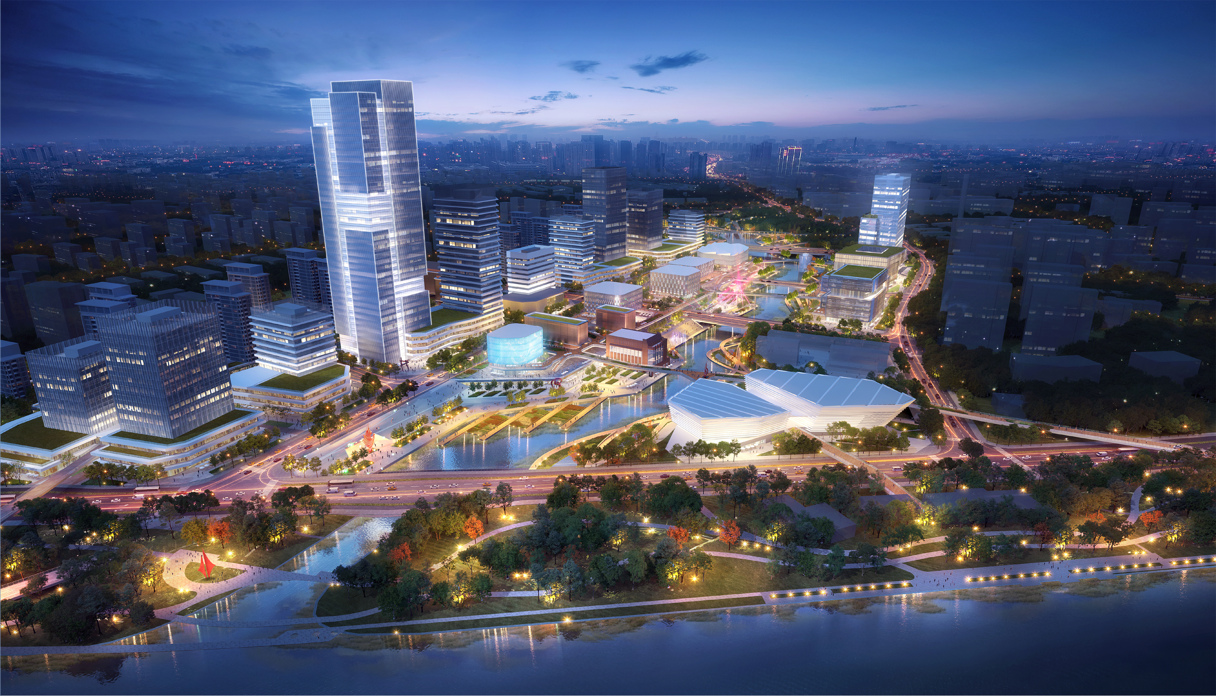 A digital render of Night Bird Eye View of the Masterplan