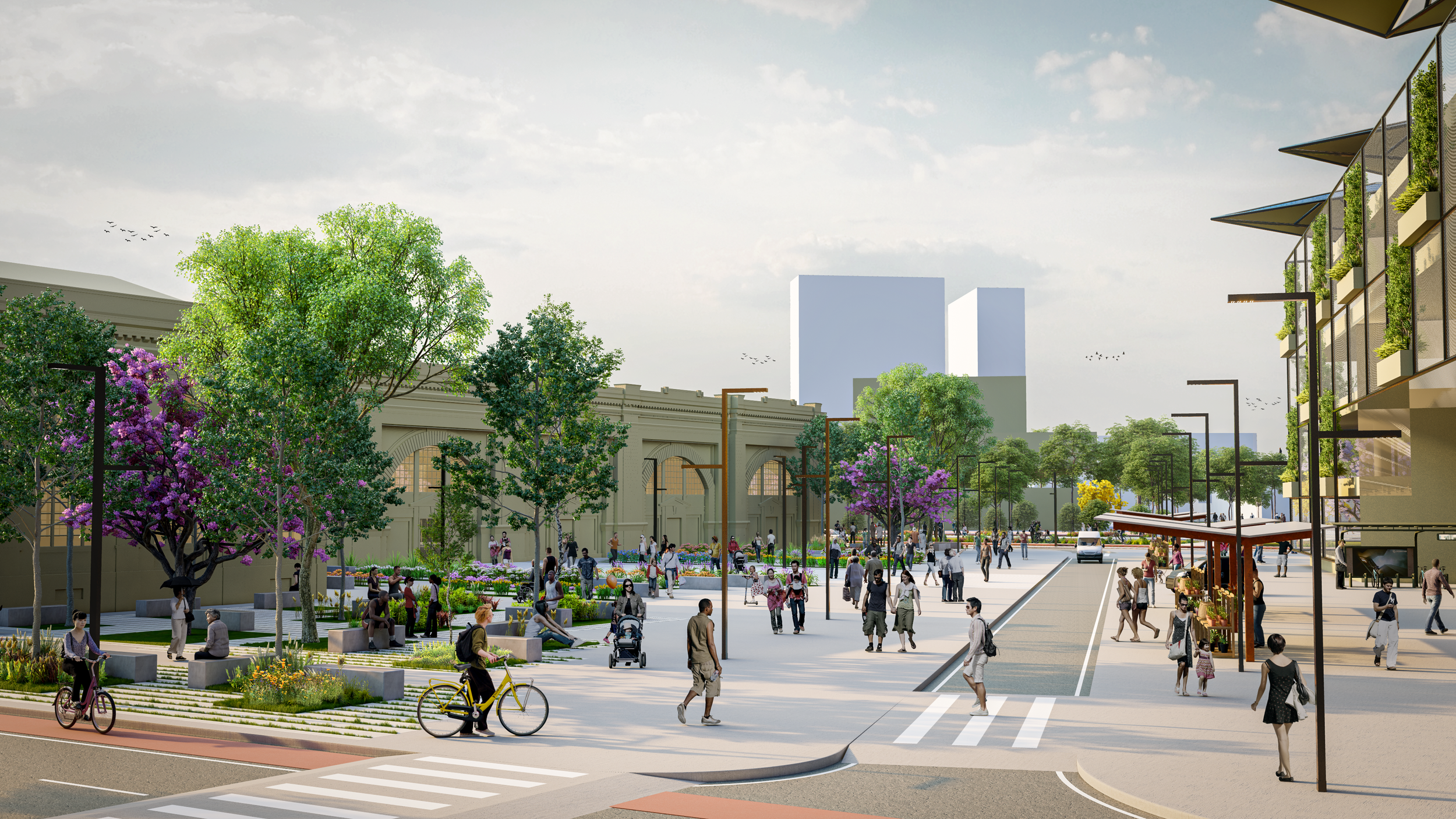 A vibrant city park with people walking, biking, and relaxing under trees with purple and green foliage. Modern building on the right with plants, and a historic building in the background. Clear sky with some clouds.