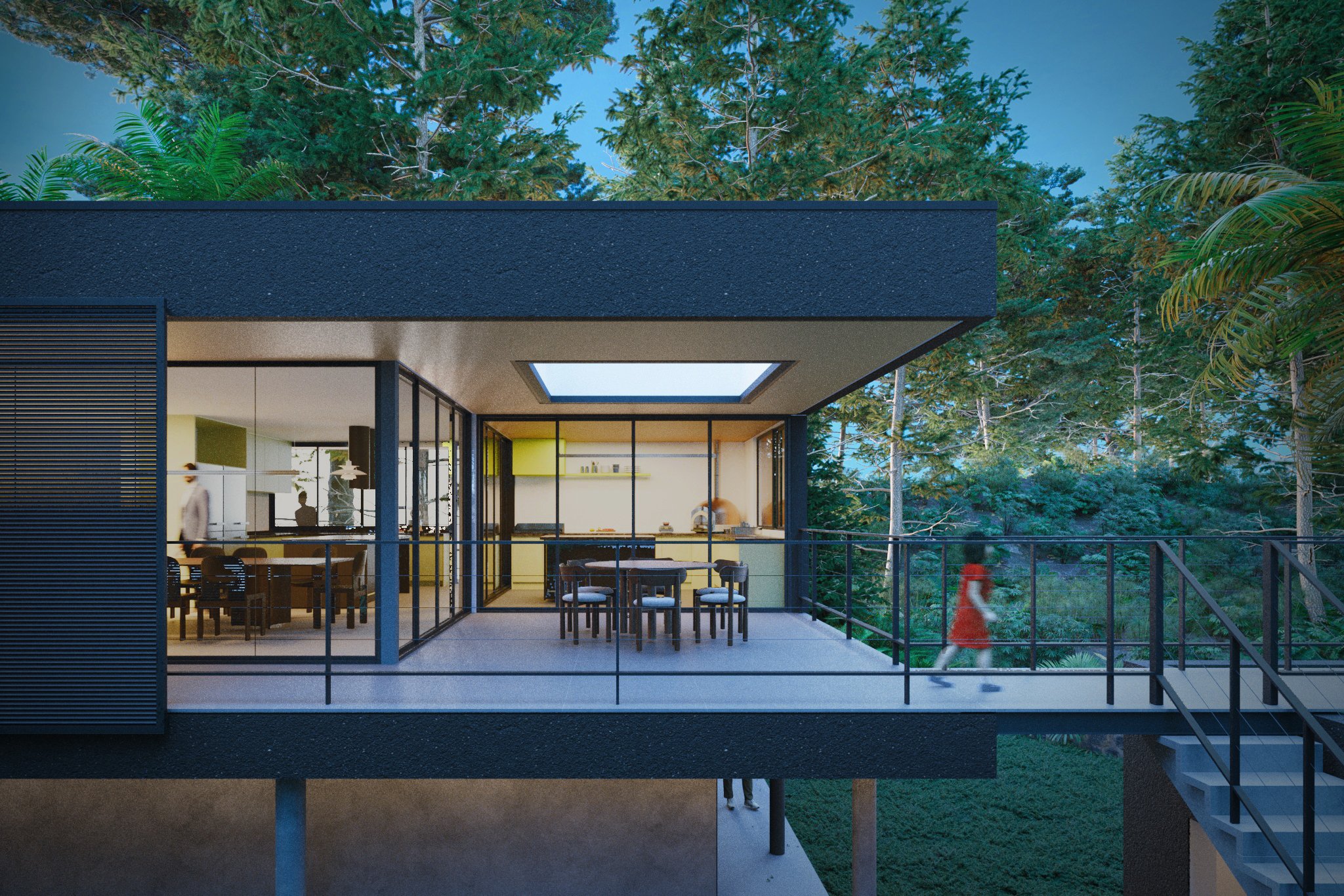 Modern house with large glass windows and outdoor balcony, surrounded by trees and greenery, with a person in a red dress walking on the balcony.