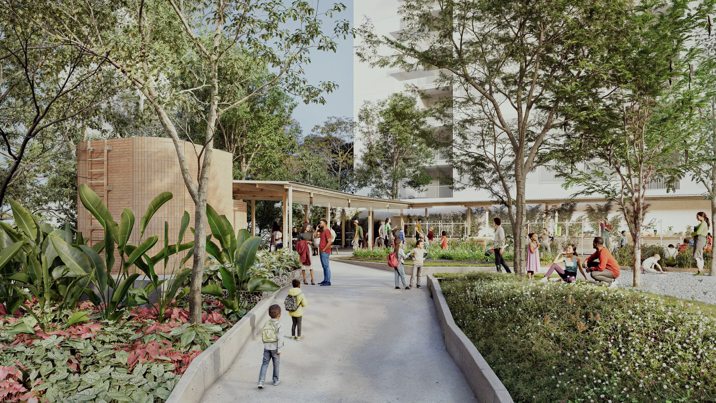 A lively urban park with children playing and adults socializing among trees and flowering plants, some standing and chatting while others sit or kneel, with a modern building in the background.