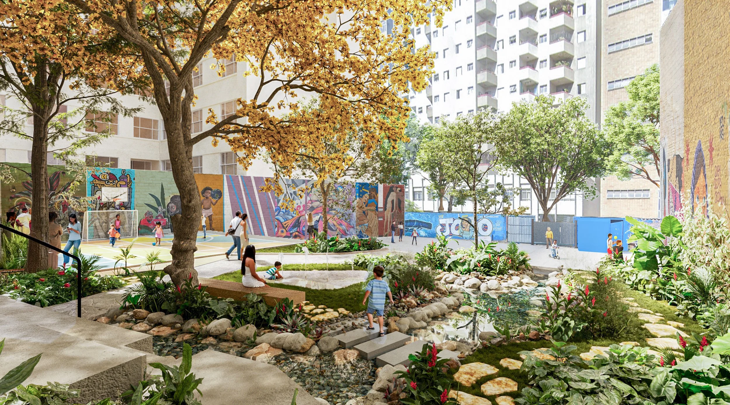 A lively outdoor scene in a city park with children playing basketball on a court, adults walking, a woman sitting on a bench, and a small child crossing a stone pathway over a pond, surrounded by lush greenery and vibrant murals on the walls.