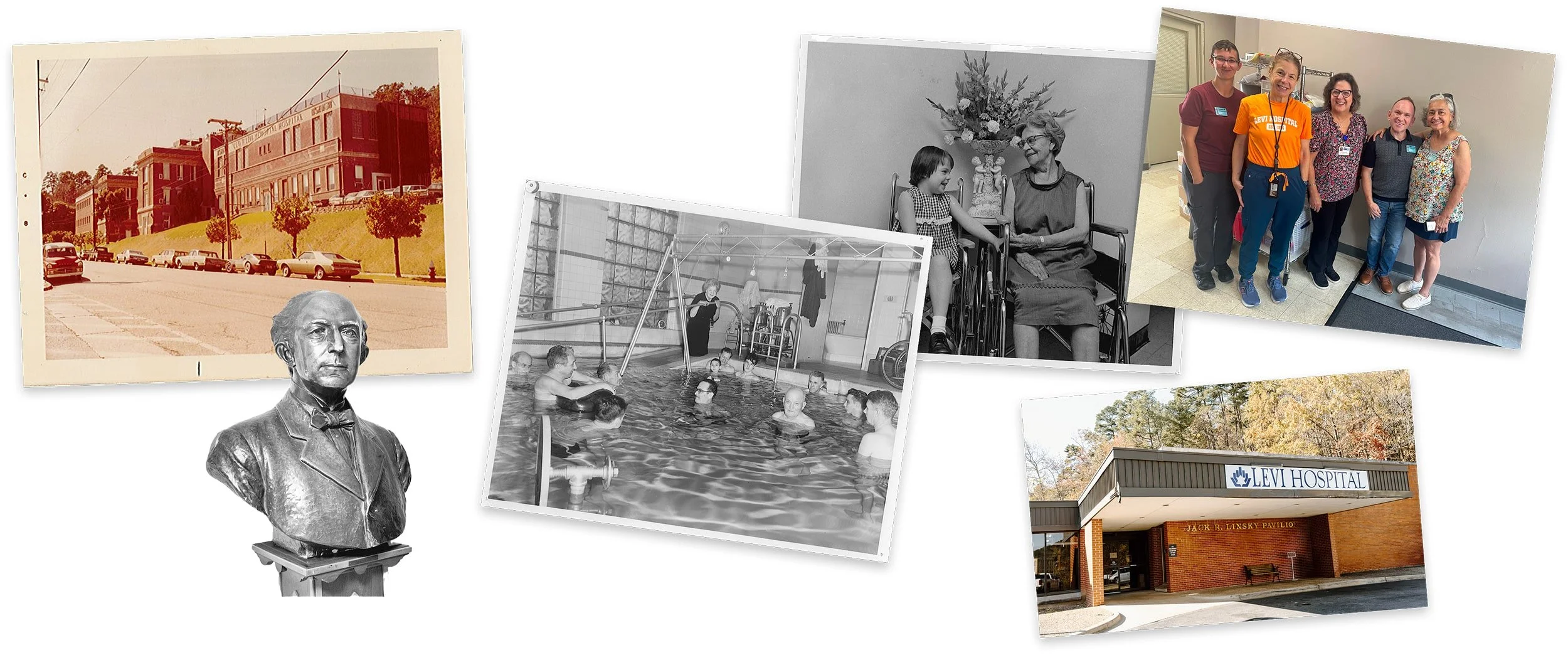 Collection of photographs from a hospital event. Includes a portrait bust of a man in a suit, a vintage photo of a hospital building with cars parked outside, a group of people swimming in a pool, an elderly woman in a wheelchair with a young girl, a group of five people posing indoors, and the exterior of Levi Hospital with a sign reading "Jack R. Linsky Pavilion."