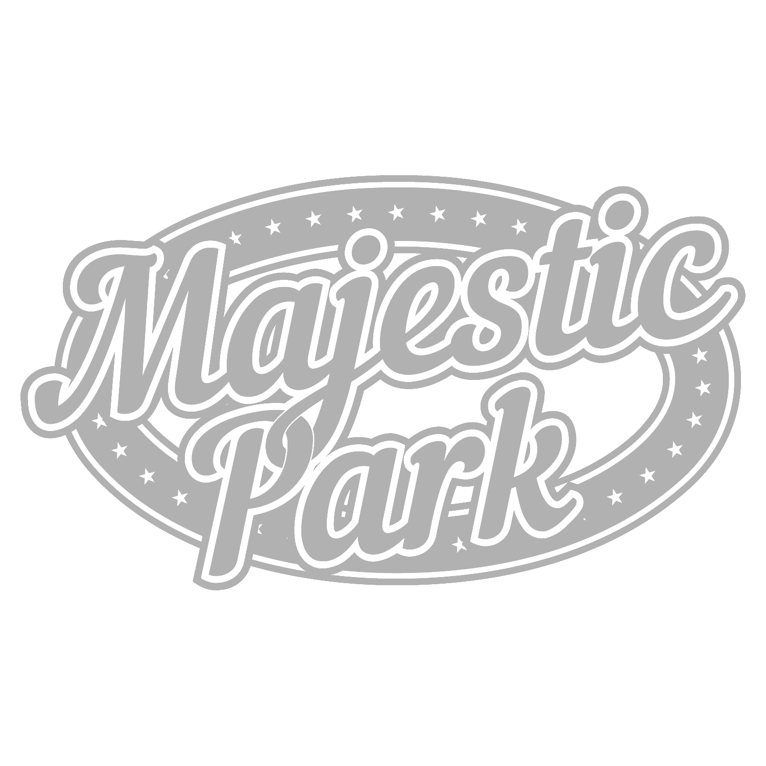 Black and white logo with the text 'Majestic Park' in stylized cursive font, surrounded by stars and curved lines.