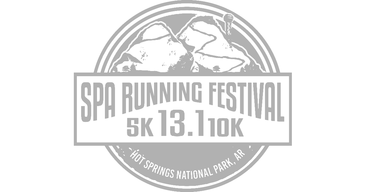 Logo for the Spa Running Festival featuring mountains and a trail, with text indicating it is a 5K, 13.1, and 10K running event at Hot Springs National Park in Arkansas.