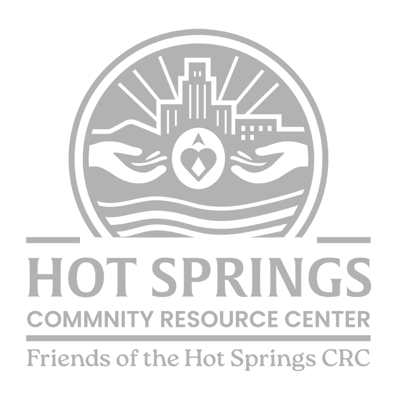 Logo for Hot Springs Community Resource Center, featuring a stylized cityscape, two hands holding a heart-shaped object, and wavy lines representing water.