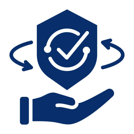 A blue icon depicting a shield with a checkmark and two arrows forming a circle around it, held above an open hand.