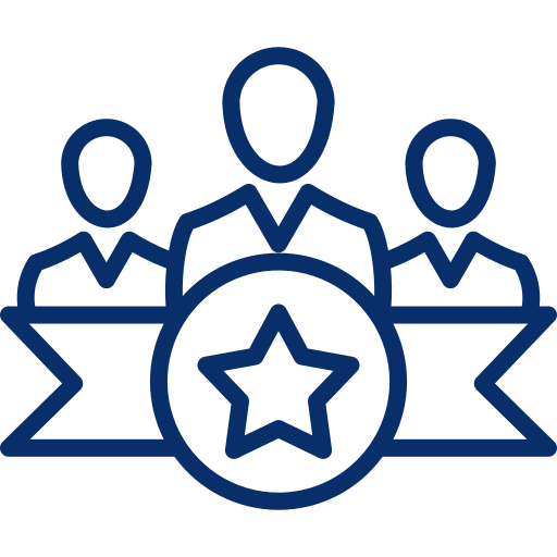 Icon of three people with a star badge in front, representing recognition or achievement.