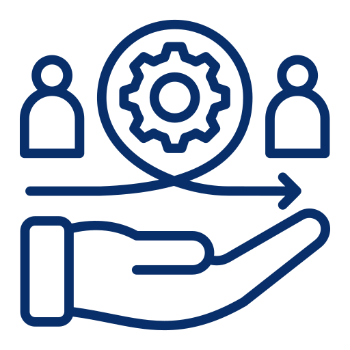Icon of a hand holding a line graph with two human figures and a gear symbol, representing business or teamwork.