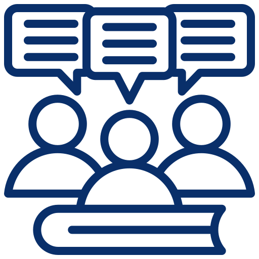 Outline of three people with speech bubbles above their heads representing discussion or communication.