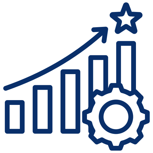 A line graph with increasing bars, a gear icon, and a star at the top right indicating growth and success.