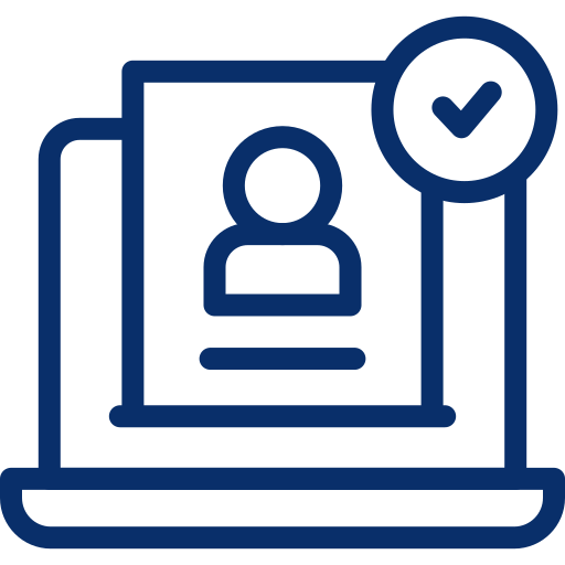 Laptop screen showing user profile with a checkmark icon indicating verification or approval.