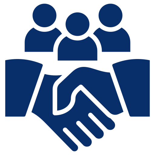 Icon of three people in a row above two clasped hands, representing teamwork or partnership