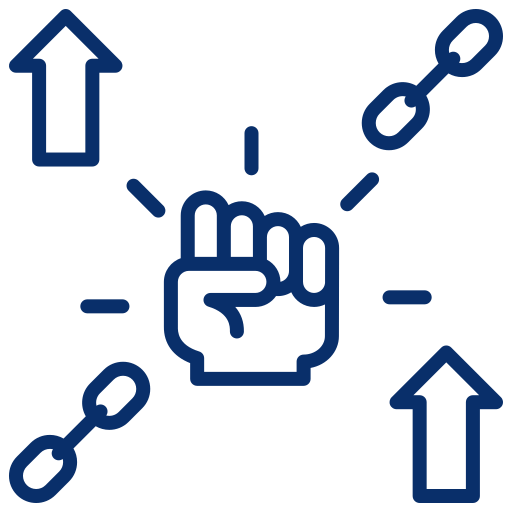 A graphic icon of a hand with an extended index finger pointing up, surrounded by two arrows pointing up and two chain links, with dashed lines connecting them.
