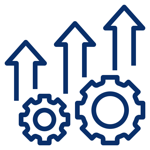 Three upward pointing arrows with two gears at the bottom.
