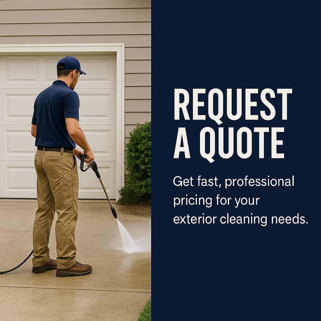 A man pressure washing a concrete driveway in front of a garage door, with a large shrub nearby, promoting requesting a quote for exterior cleaning services.