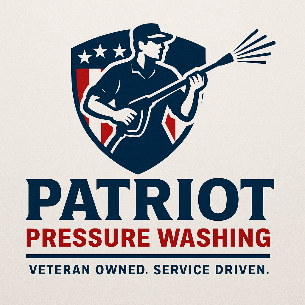 Logo for Patriot Pressure Washing featuring a silhouette of a veteran with a spray wand, shield design with stars and stripes, and text 'Patriot Pressure Washing Veteran Owned. Service Driven.'