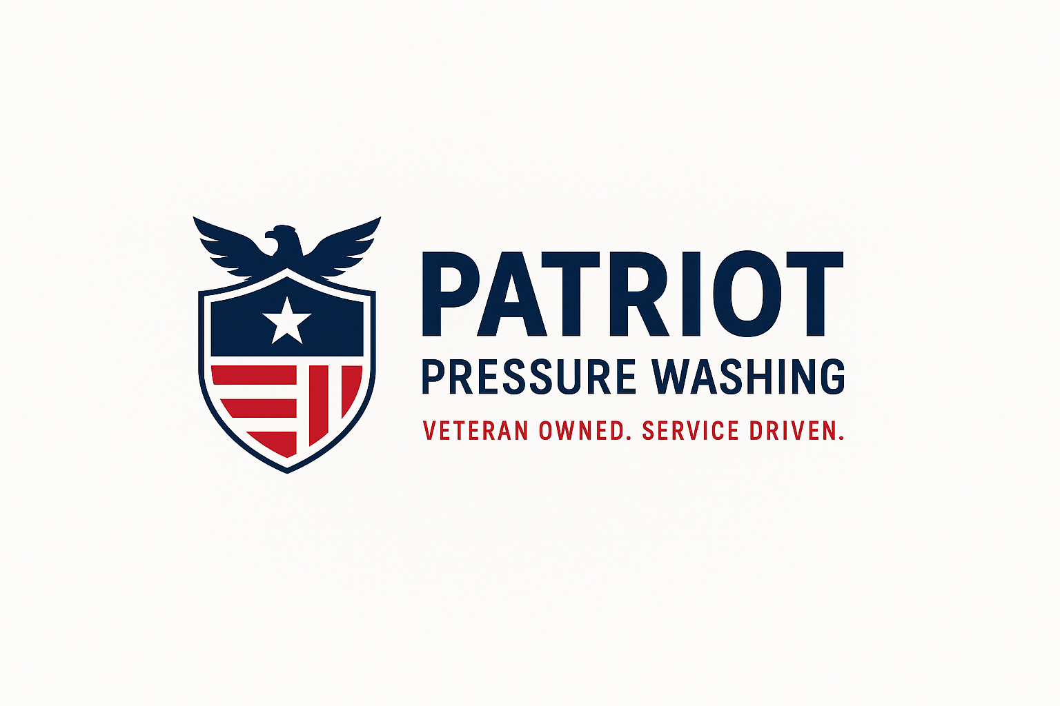 Logo for Patriot Pressure Washing featuring an eagle crest with a shield and American flag design, with text indicating veteran ownership and service focus.