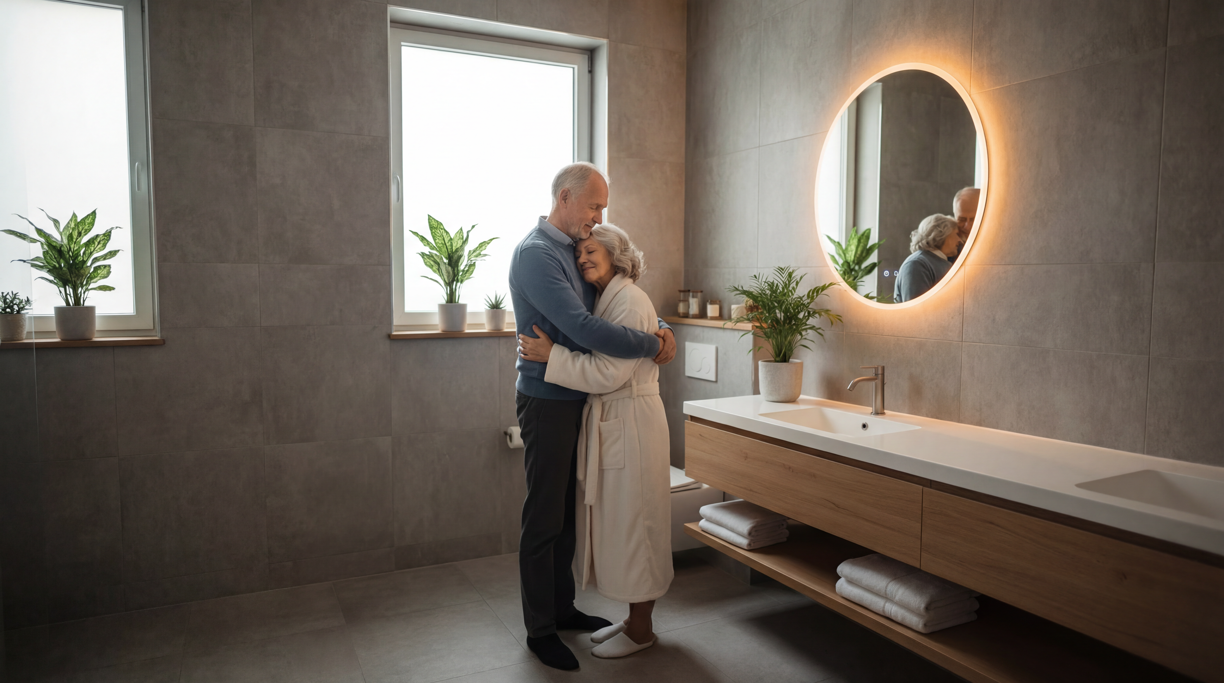 Ouder koppel geniet van een comfortabele en veilige badkamer na renovatie door Comfort-Bad